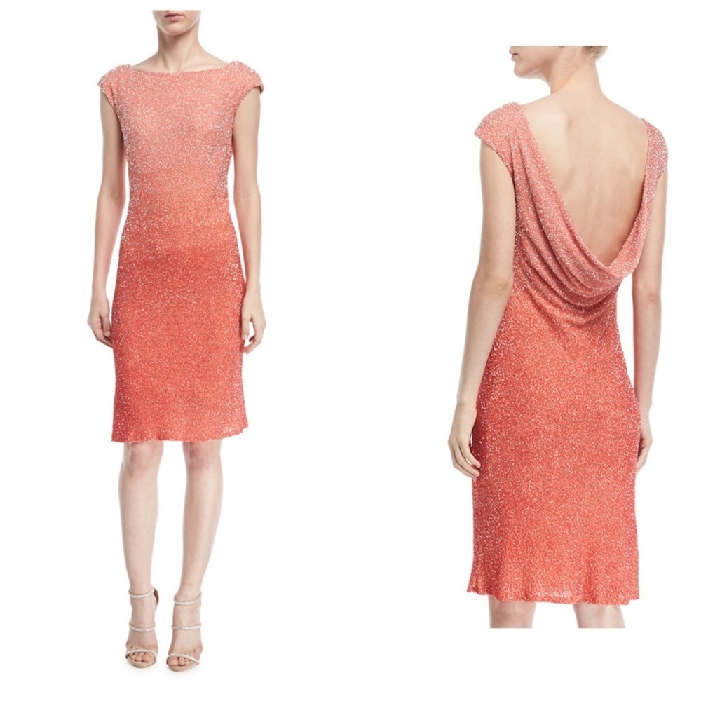 Pamella Roland $3900 Silk Ombre Sequin Beaded Cowl Back Dress Coral Peach Sz 10‎